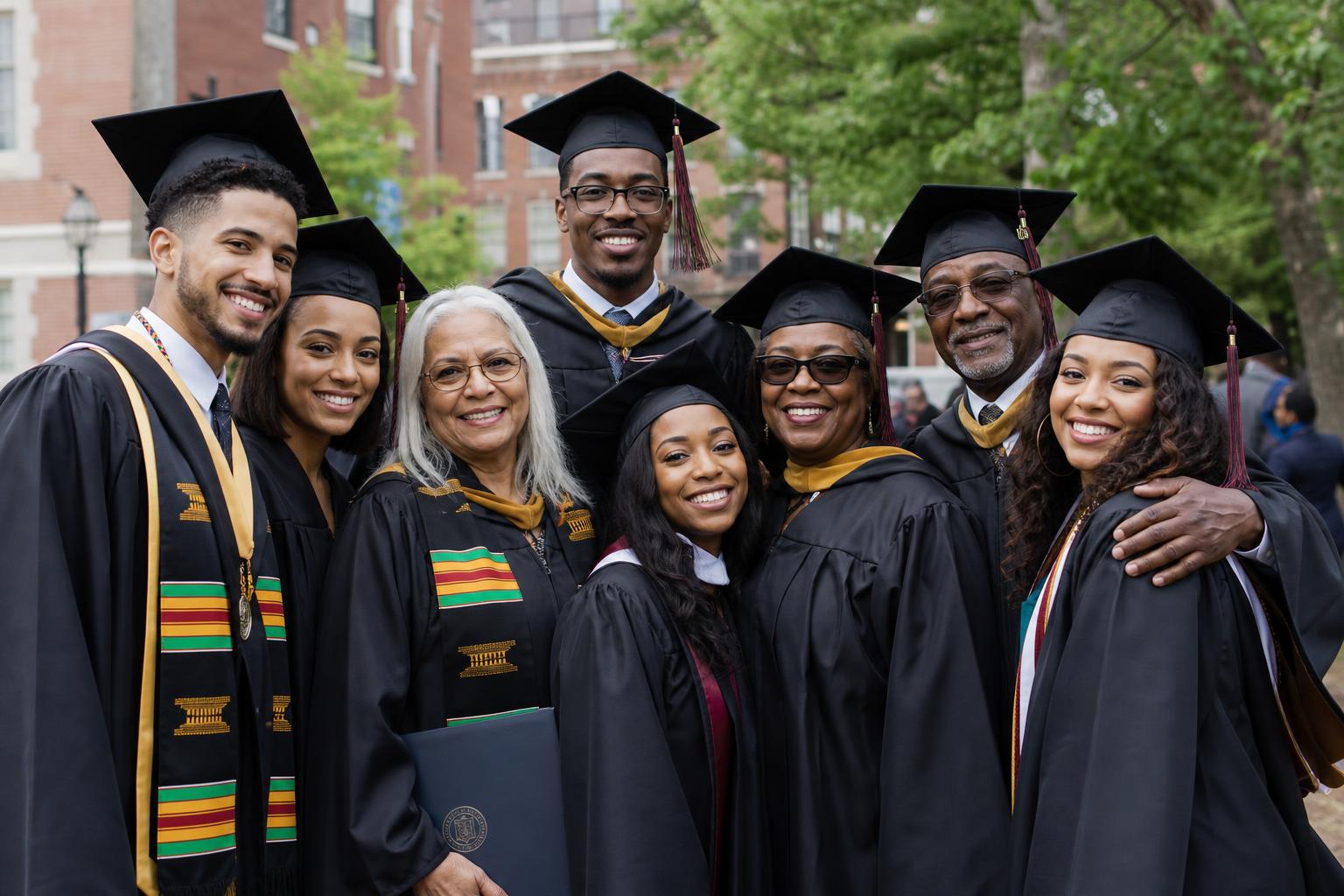 Diverse graduates of color, young and older adults together in caps and gowns, celebrating achievement in a Baltimore-area urban setting