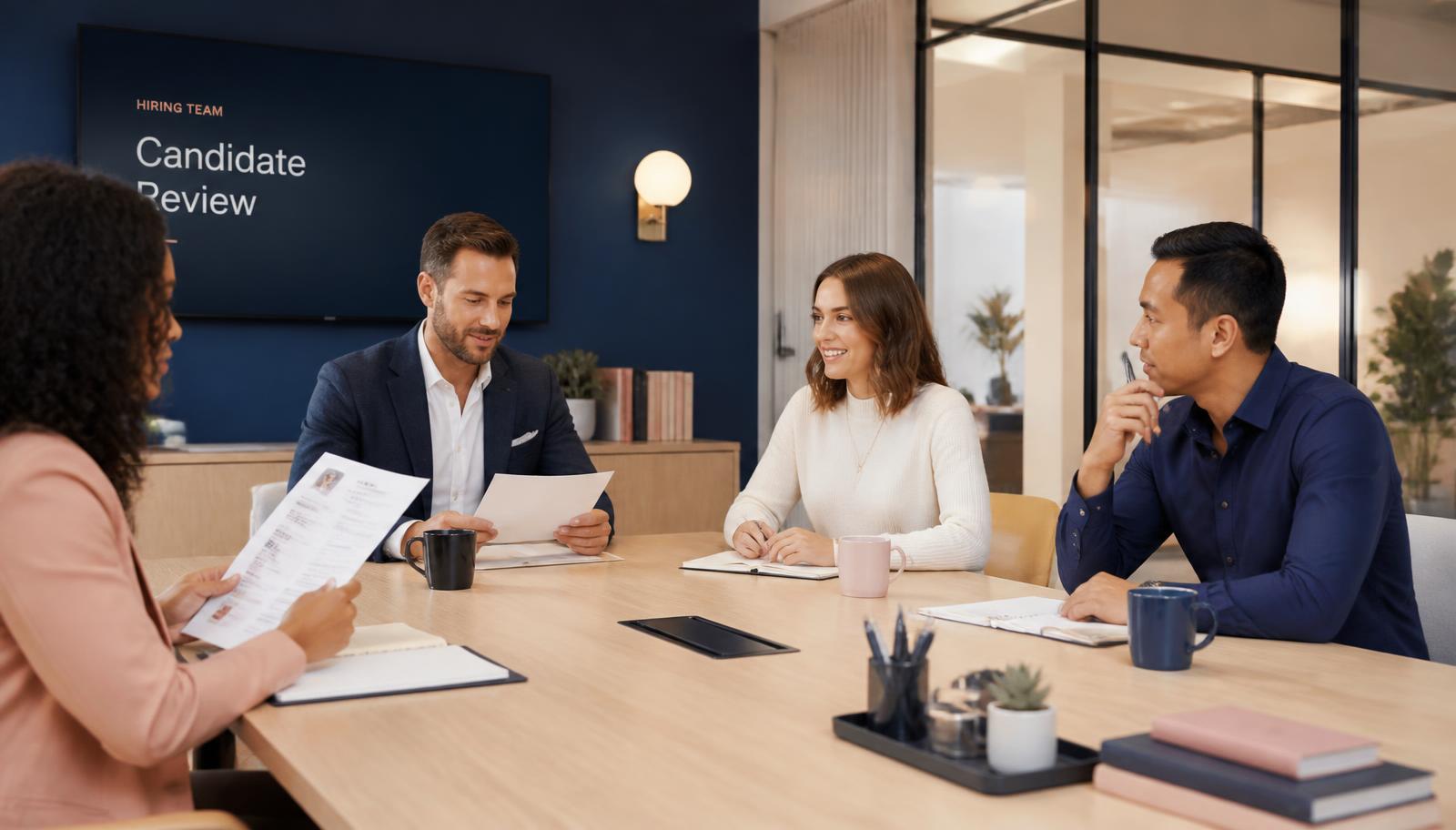 A hiring team reviewing candidate résumés in a modern meeting room